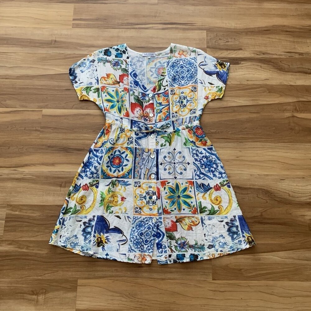 Idillio Positano Multicolor Linen Dress Small Colorful Resort Short Sleeve